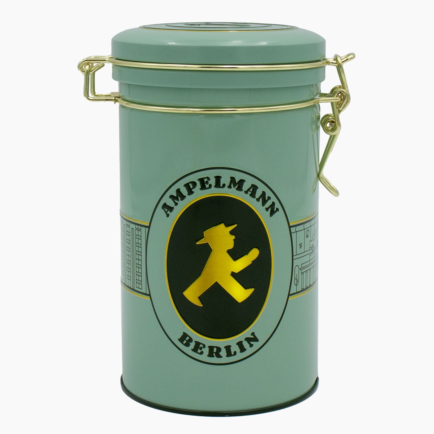 Runde Bügeldose zur Aufbewahrung mit goldenen Ampelmann-Design, 250g Fassungsvolumen