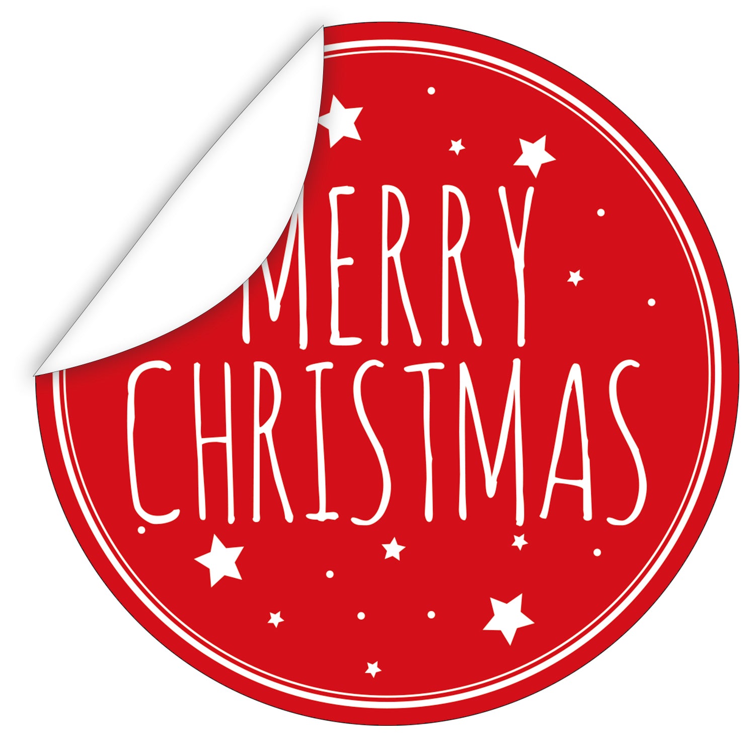 Frohe Weihnachten Sterne - rot, weiße Schrift, Sterne - Aufkleberbild I rund ⌀ 7 cm I Kunstvoller Weihnachts-Sticker