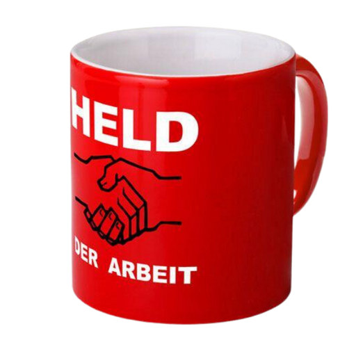 Kaffeebecher "Held der Arbeit" Rot Spülmaschinenfest.