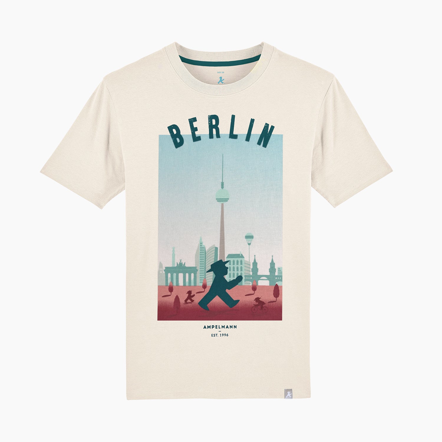 Hellbeiges Kinder-T-Shirt mit stylischen Berlin & Ampelmann-Design auf der Vorderseite aus Bio-Baumwolle mit höchsten Tragekomfort