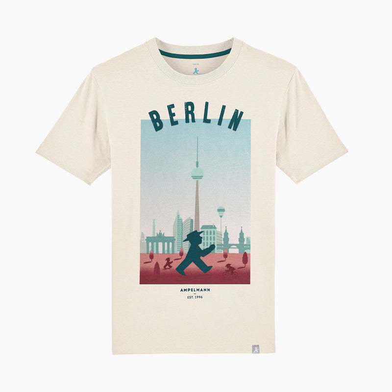 Hellbeiges Kinder-T-Shirt mit stylischen Berlin & Ampelmann-Design auf der Vorderseite aus Bio-Baumwolle mit höchsten Tragekomfort