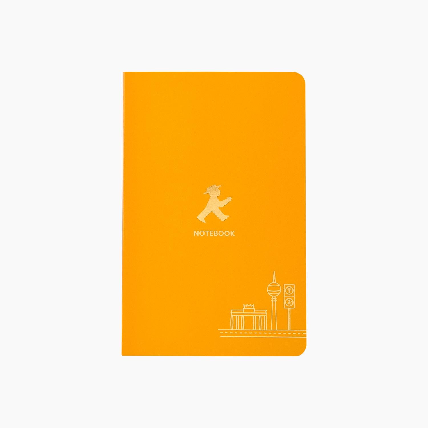 Ampelmann-SCHREIBWARENHÄNDLER-Notizheft-klein-mit-Heißfolienpräg.-orange-Gehe-&-Steher
