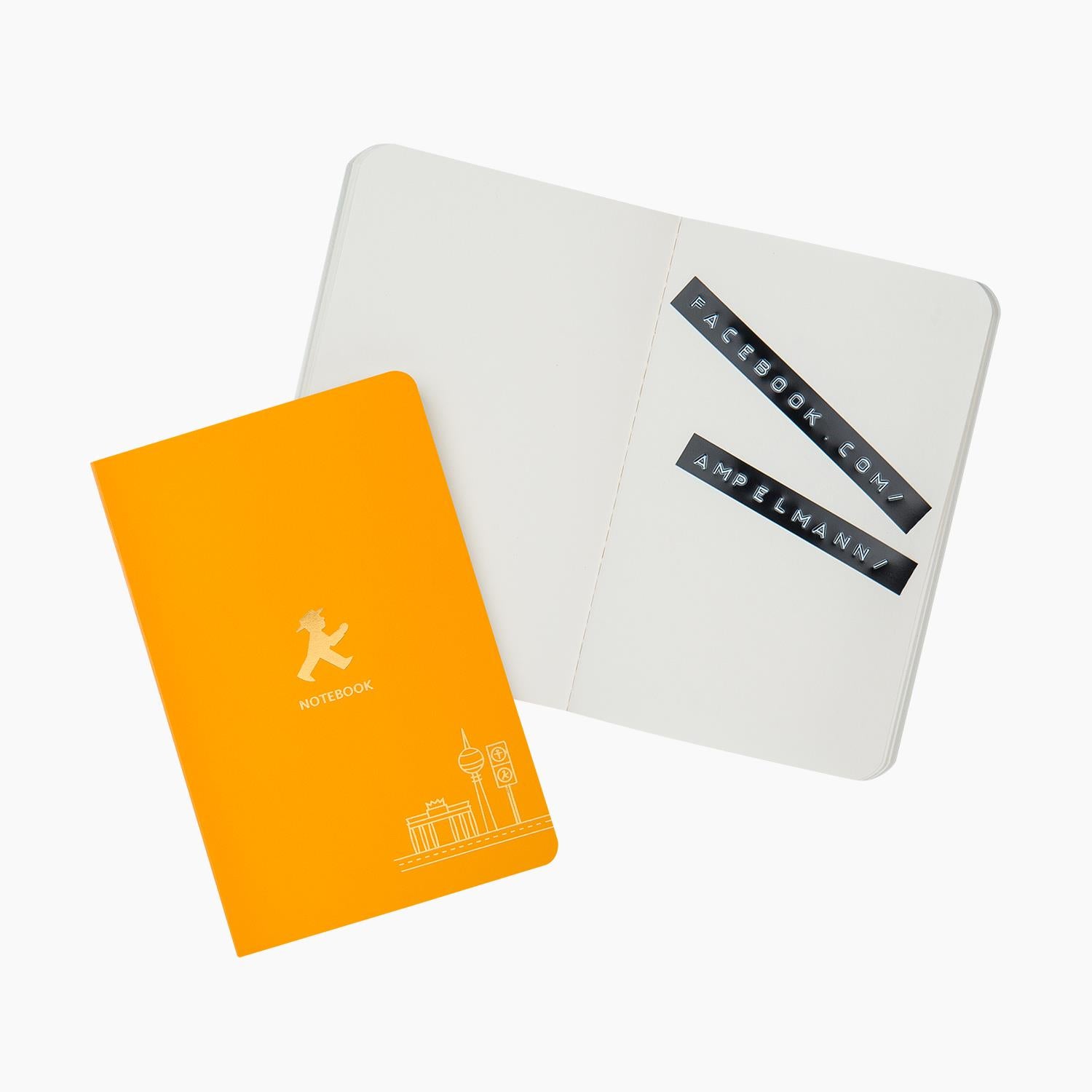 Ampelmann-SCHREIBWARENHÄNDLER-Notizheft-klein-mit-Heißfolienpräg.-orange-Gehe-&-Steher
