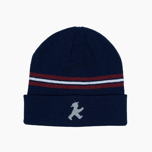Ampelmann-SCHNEEKÖNIG-Mütze-dunkelblau-mit-rot/weißen-Streifen-Geher-silber-One-Size