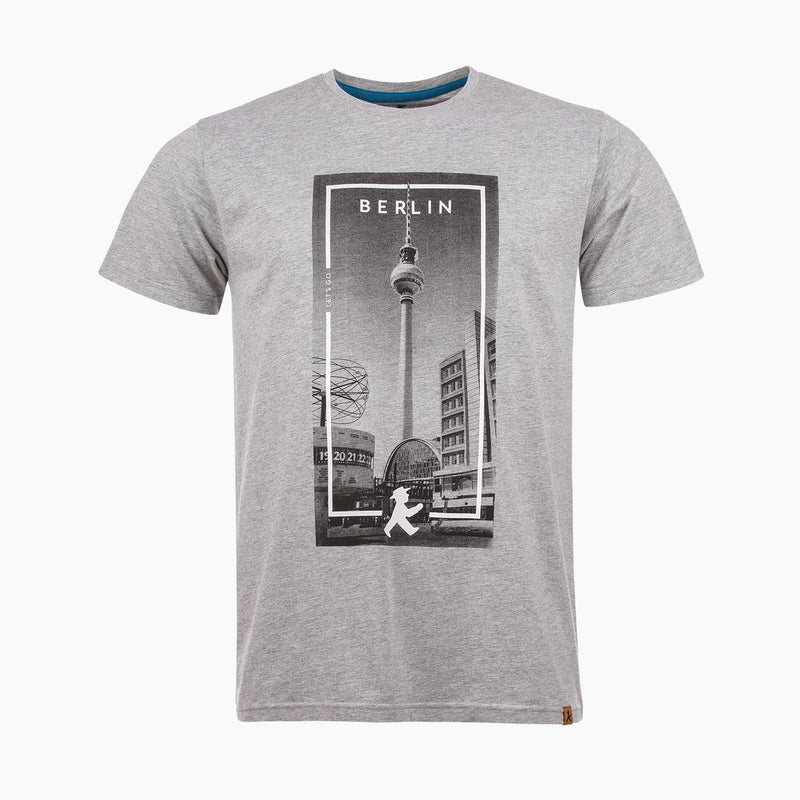 Graues unisex-Shirt klassisch-gerader Schnitt mit Berlin-Fotomotiv: Alex-Fernsehturm-Weltzeituhr & Ampelmann