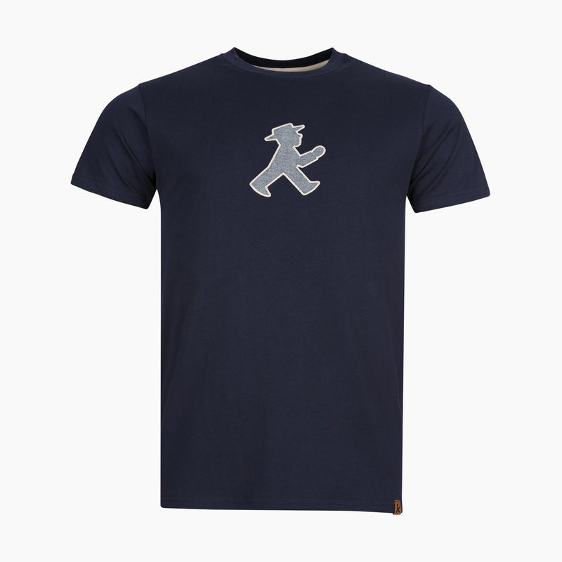 Dunkelblaues Unisex-T-Shirt mit aufgestickten Ampelmann-Geher aus 100% BIO-Baumwolle  - modischer Schnitt