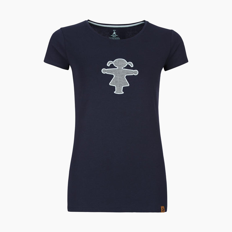 Dunkelblaues Damen-T-Shirt mit aufgestickten Ampelmann-Mädchen aus Baumwolle-Mix  - taillierter Schnitt