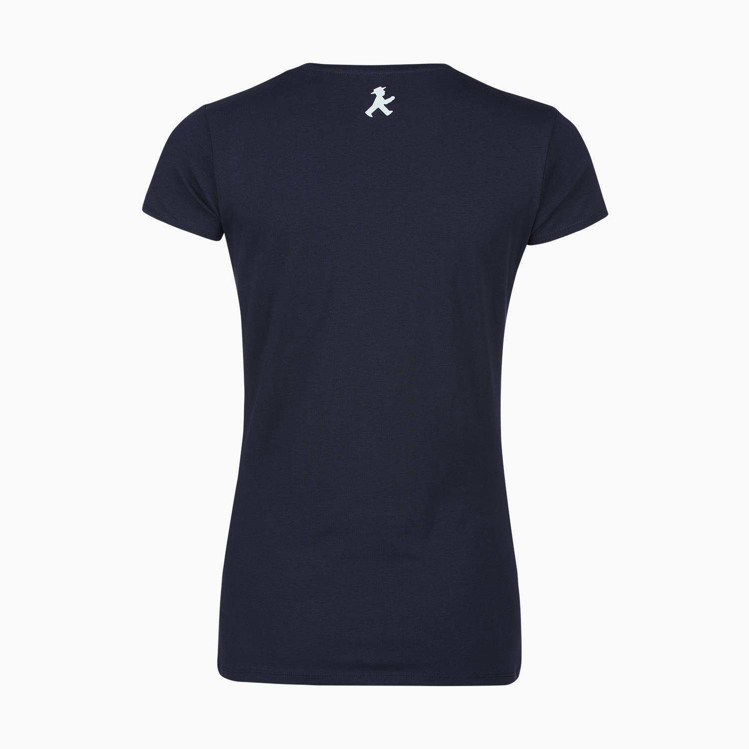 Dunkelblaues Damen-T-Shirt mit aufgestickten Ampelmann-Mädchen aus Baumwolle-Mix  - taillierter Schnitt