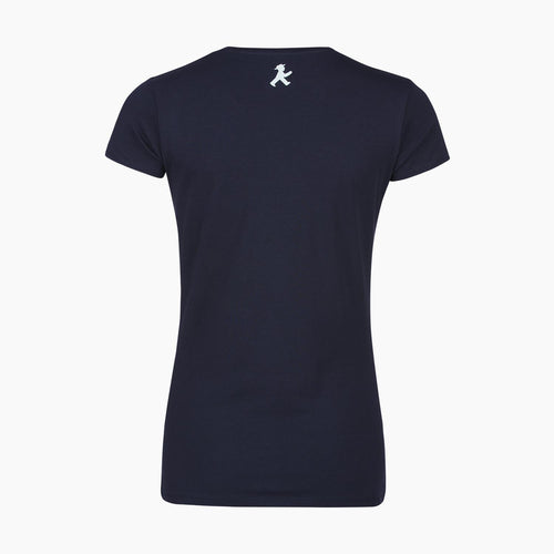 Dunkelblaues Damen-T-Shirt mit aufgestickten Ampelmann-Mädchen aus Baumwolle-Mix  - taillierter Schnitt