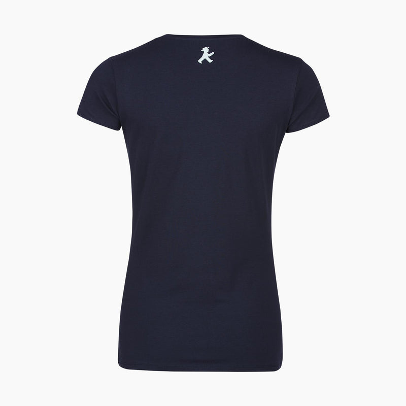 Dunkelblaues Damen-T-Shirt mit aufgestickten Ampelmann-Mädchen aus Baumwolle-Mix  - taillierter Schnitt