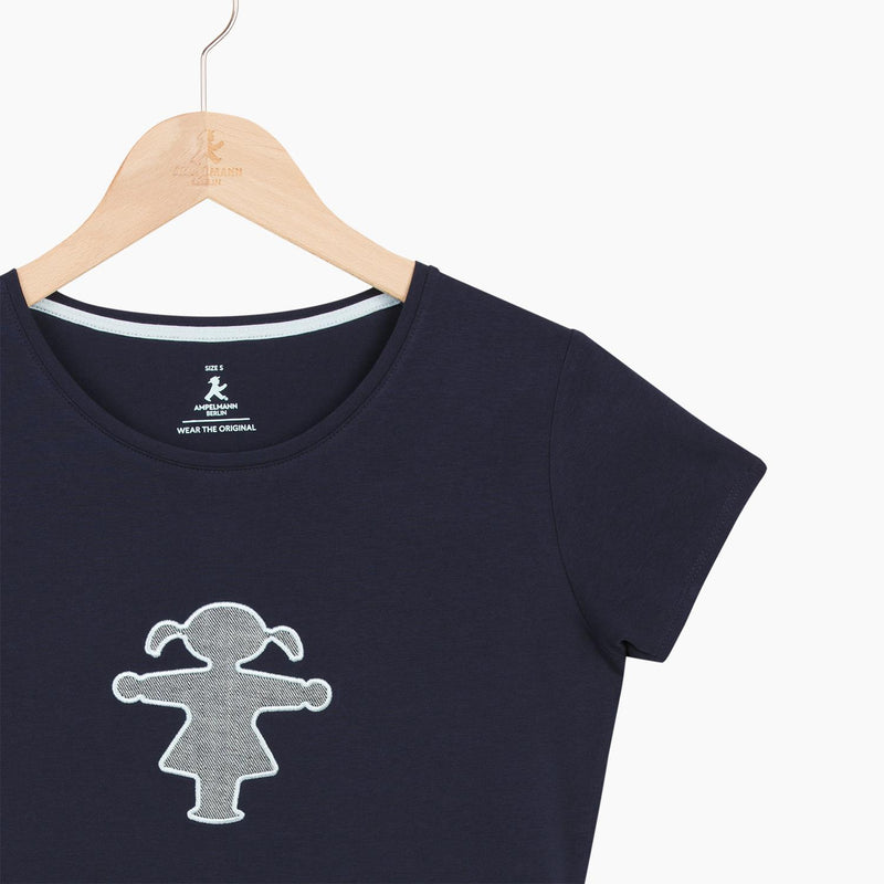 Dunkelblaues Damen-T-Shirt mit aufgestickten Ampelmann-Mädchen aus Baumwolle-Mix  - taillierter Schnitt