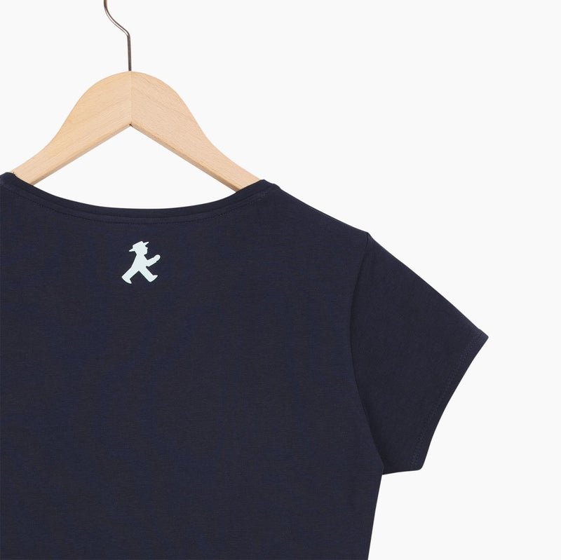 Dunkelblaues Damen-T-Shirt mit aufgestickten Ampelmann-Mädchen aus Baumwolle-Mix  - taillierter Schnitt