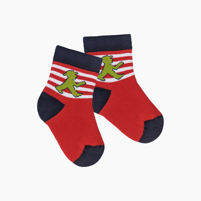 Rote Kuschel-Socken mit blauen -extra breiten- Bündchen und grünen Ampelmann