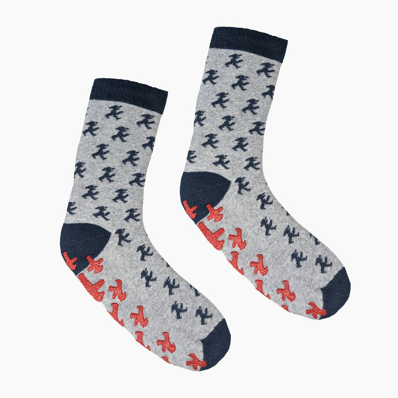 Graue Anti-Rutsch Socken mit blau-roten Ampelmann - optimaler Tragekomfort - bis 40° waschbar