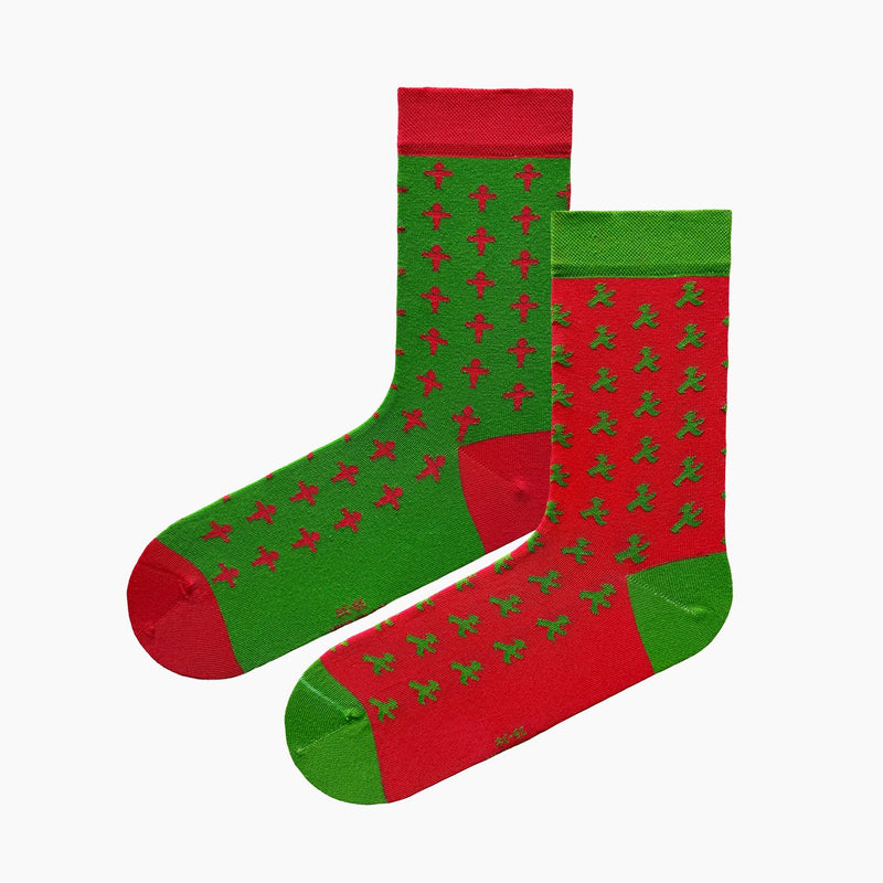 Lustig grün-rote Socken mit Ampelmännern & extra breiten Bündchen - Feinstrick Biobaumwolle