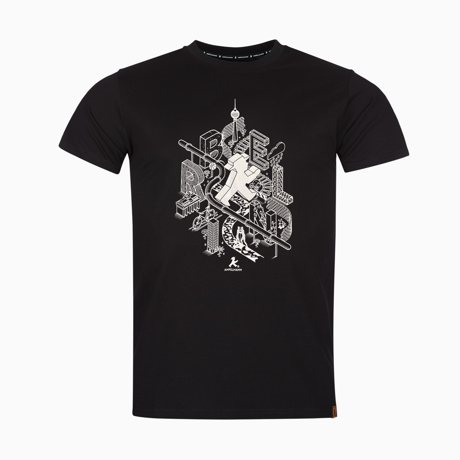 Schwarzes unisex T-Shirt mit Berlin-Elementen & Ampelmann in weiß aus weicher Baumwolle