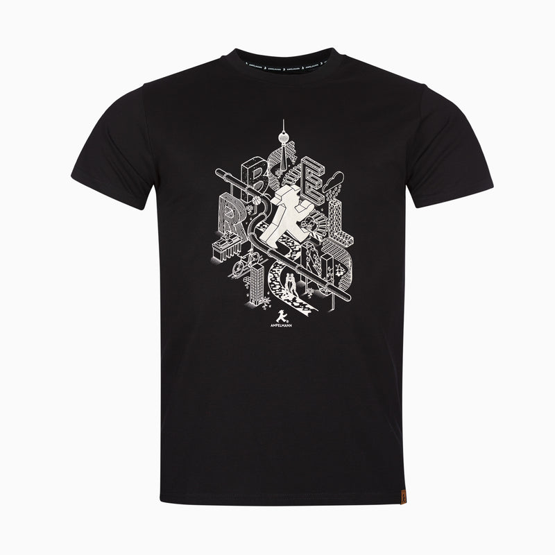 Schwarzes unisex T-Shirt mit Berlin-Elementen & Ampelmann in weiß aus weicher Baumwolle