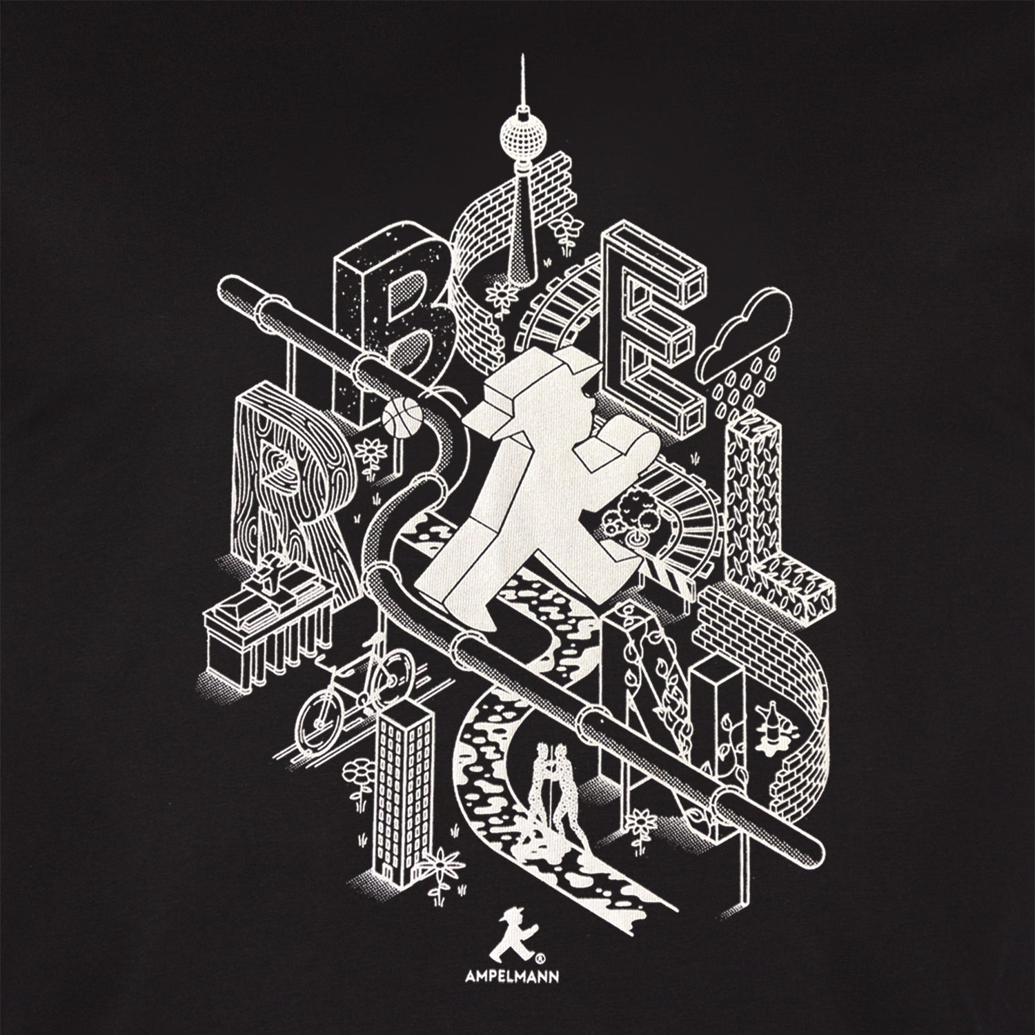 Schwarzes unisex T-Shirt mit Berlin-Elementen & Ampelmann in weiß aus weicher Baumwolle