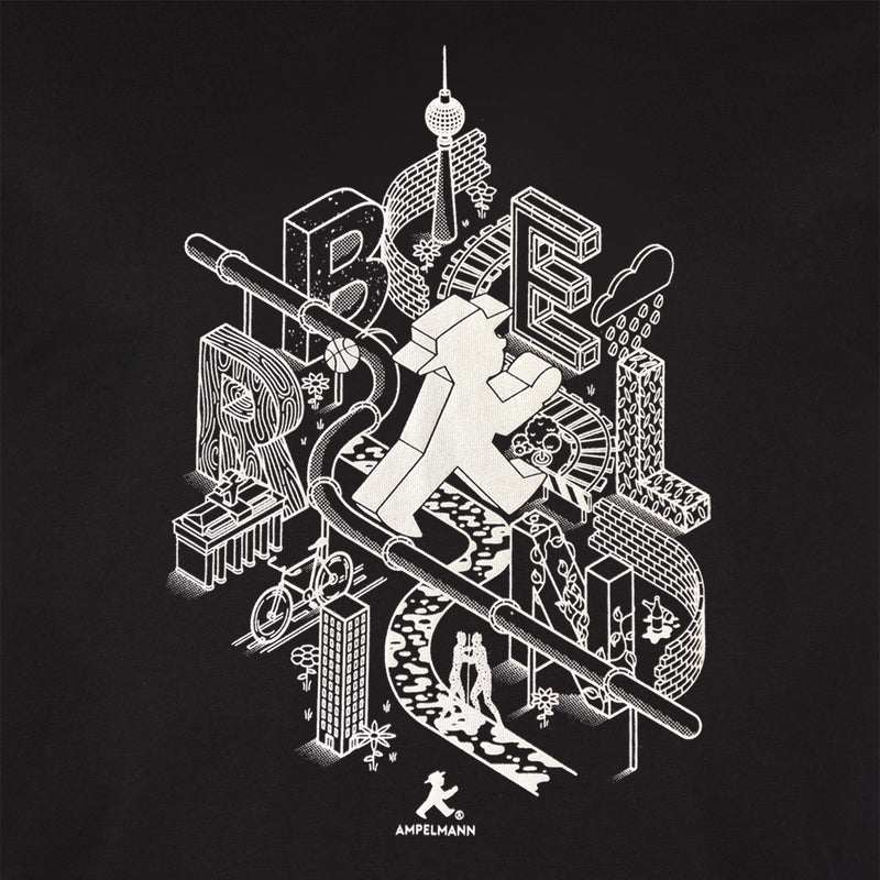 Schwarzes unisex T-Shirt mit Berlin-Elementen & Ampelmann in weiß aus weicher Baumwolle