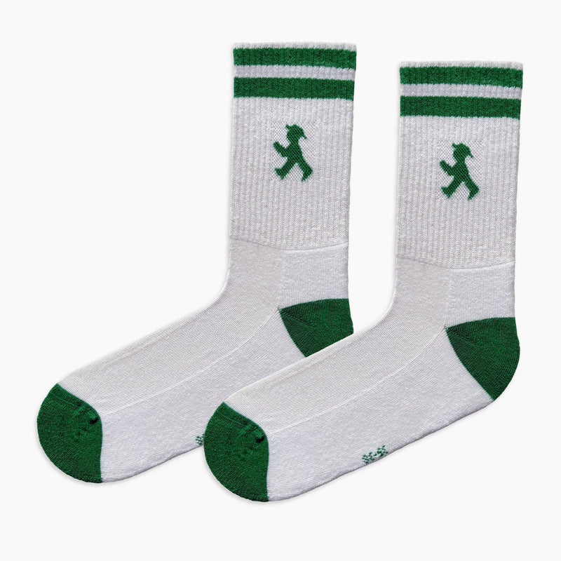 Weiße Unisex Tennis-Sport-Socken mit grünen Streifen und Ampelmann - Feinstrick & flache Kettelnaht