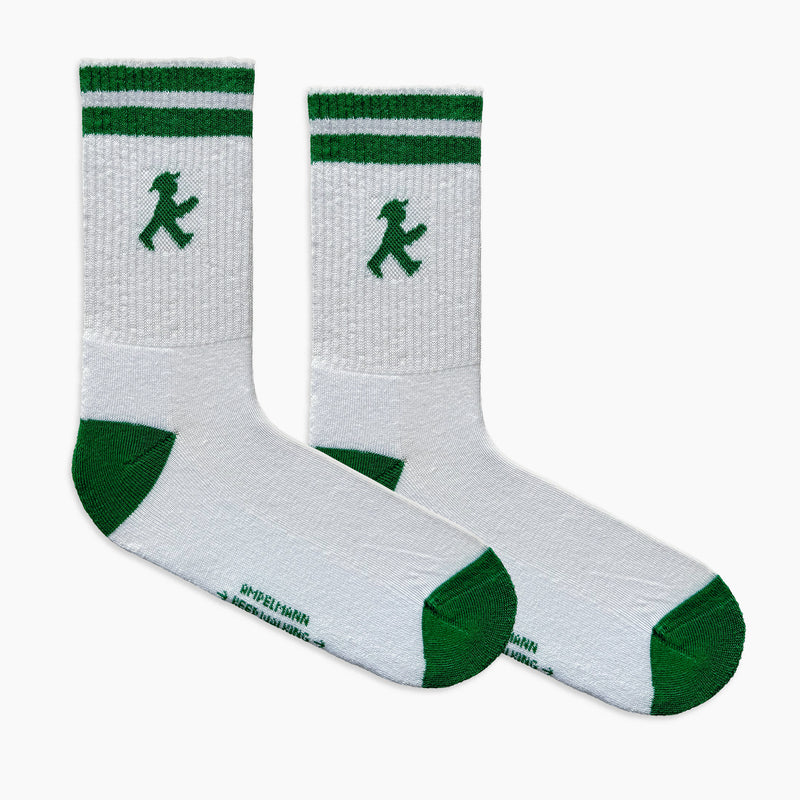 Weiße Unisex Tennis-Sport-Socken mit grünen Streifen und Ampelmann - Feinstrick & flache Kettelnaht