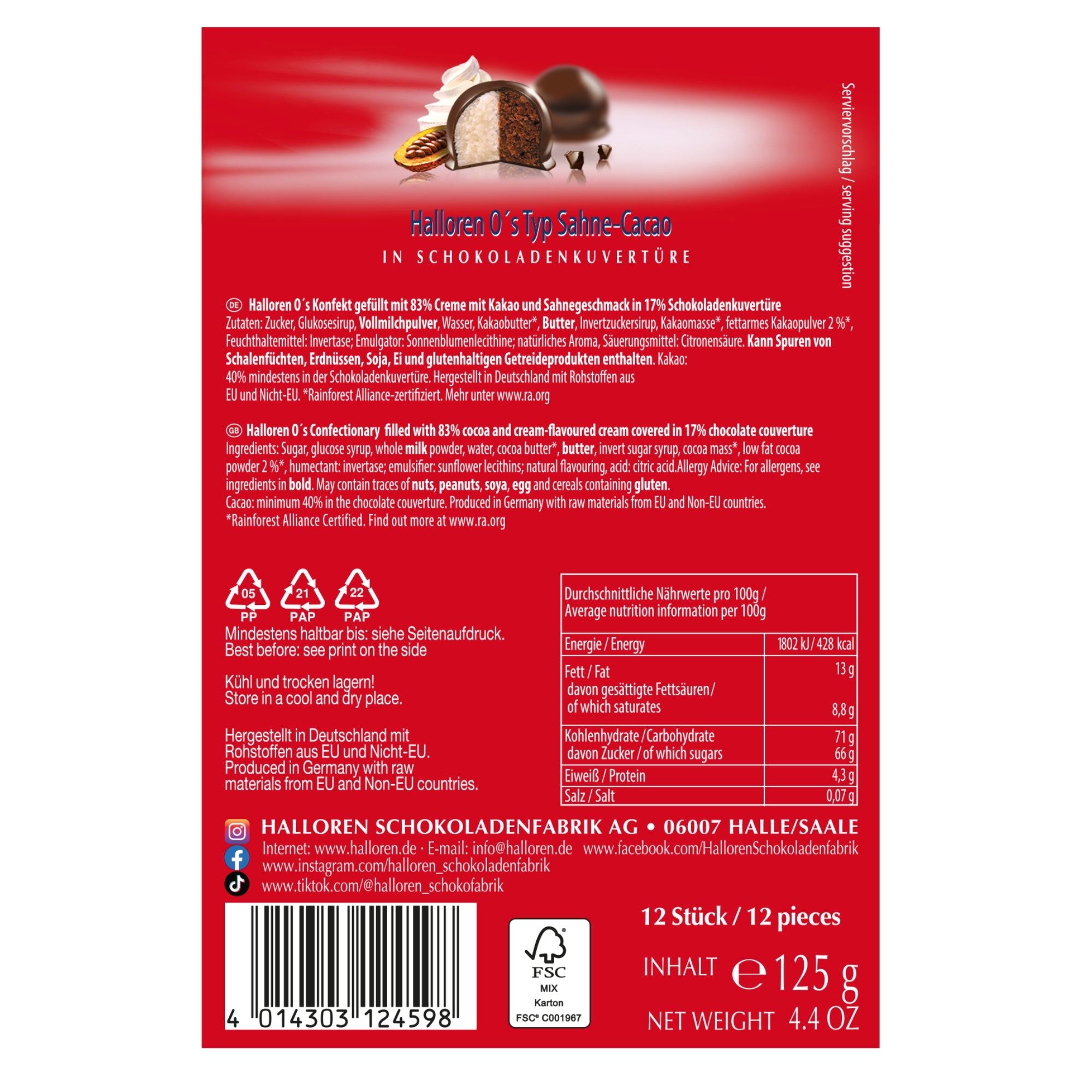 Halloren O's Classic Kugeln Vollmilch Schokolade Sahne-Kakao Fairtrade, 125g
