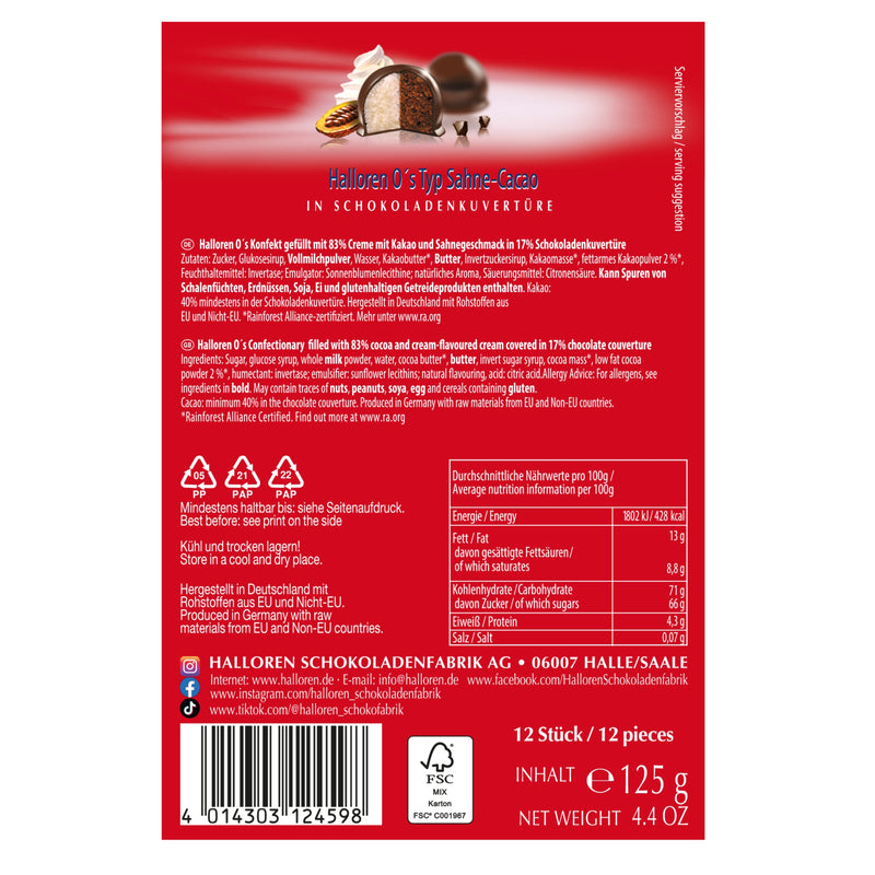 Halloren O's Classic Kugeln Vollmilch Schokolade Sahne-Kakao Fairtrade, 125g