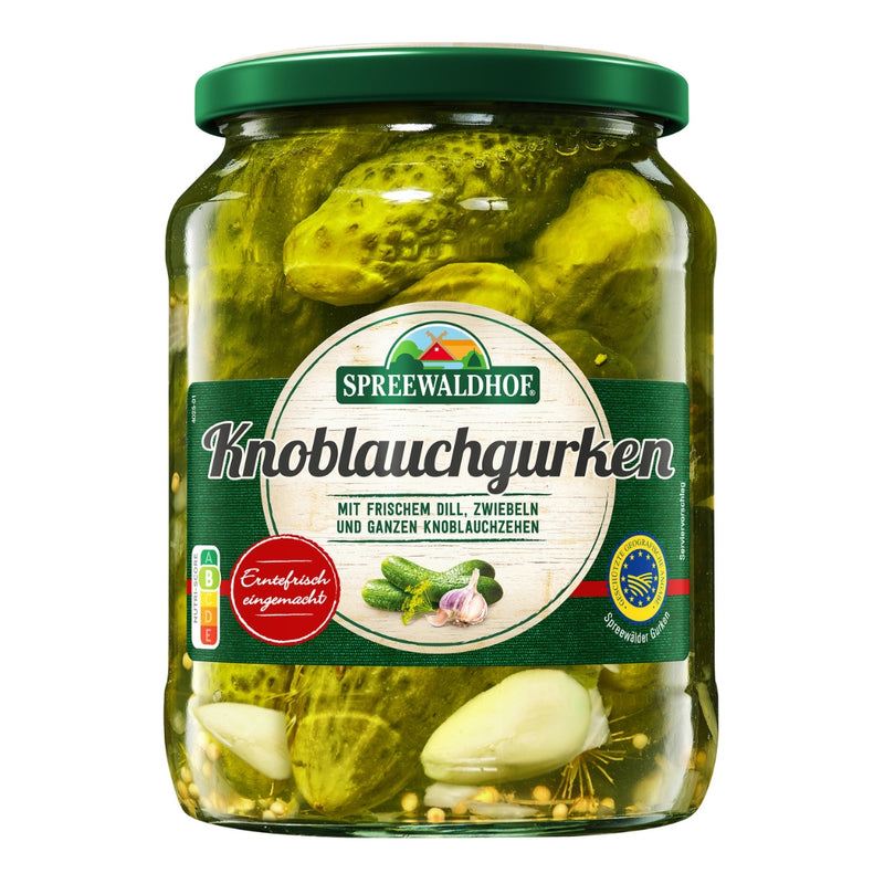 Spreewaldhof Knoblauchgurken aus dem Spreewald - erntefrisch eingemacht mit ganzen Knoblauchzehen - vegan & laktose- & glutenfrei 360g