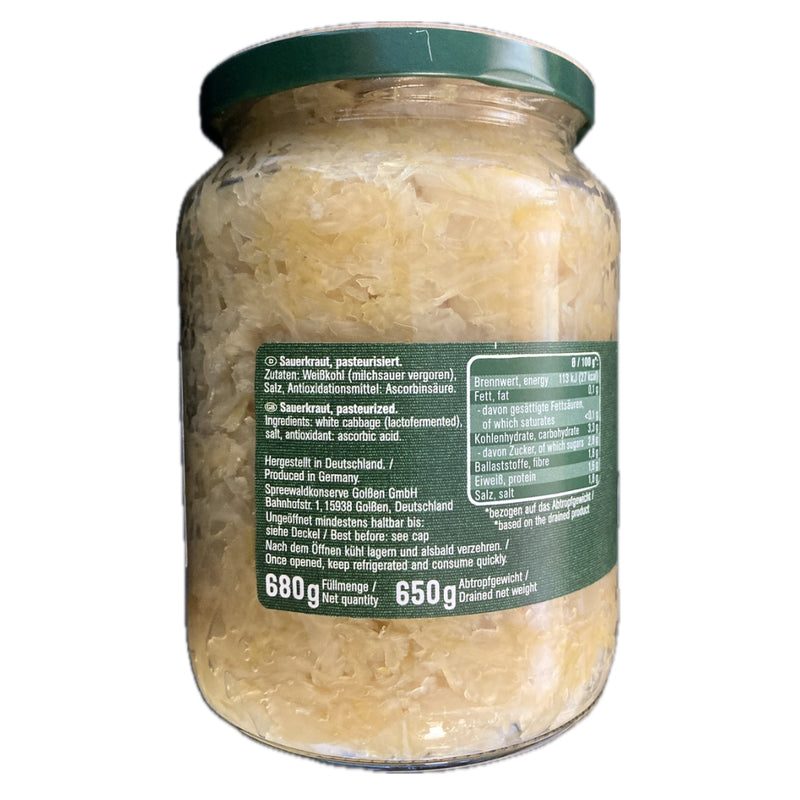 Sauerkraut - Milchsauer vergoren & schonend pasteurisiert - einfach erwärmen & sofort genießen - Spreewaldhof 650g