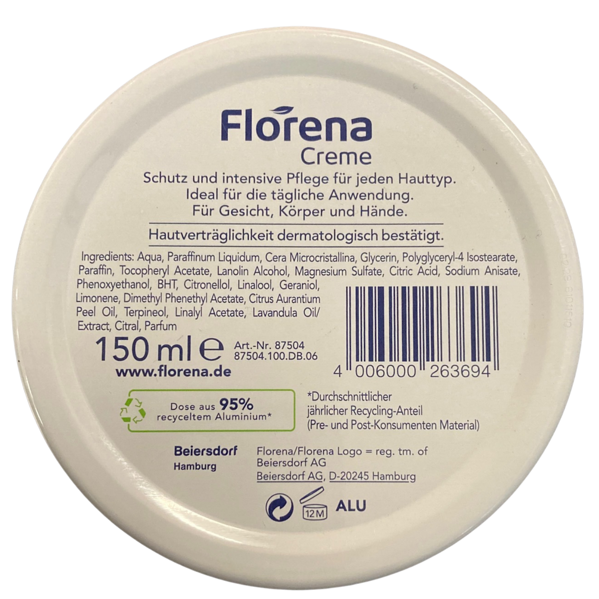 Florena Creme, 150ml -  Intensivpflege für jeden Hauttyp - frei von Konservierungsstoffen