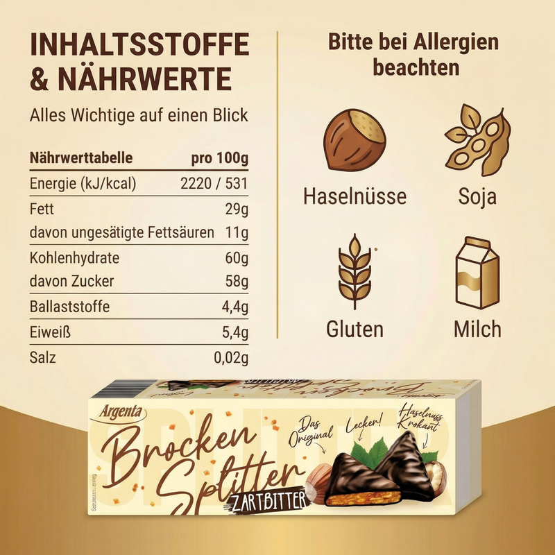 Argenta Brockensplitter mit Haselnuss-Krokant – Knuspergenuss in Zartbitter 62,5 g