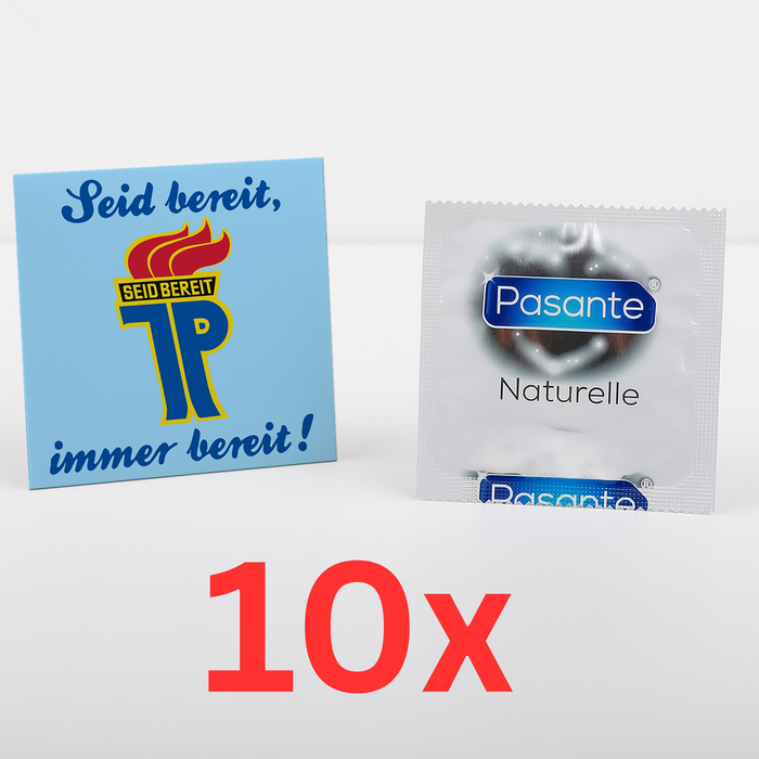 10x Kondom - mit Jungpionier-Motiv "JP - Seid bereit, immer bereit!" ein lustiges Geschenk und Mitbringsel