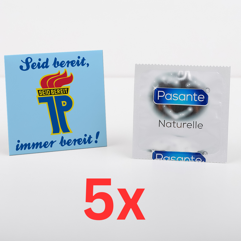 5x Kondom - mit Jungpionier-Motiv "JP - Seid bereit, immer bereit!" ein lustiges Geschenk und Mitbringsel