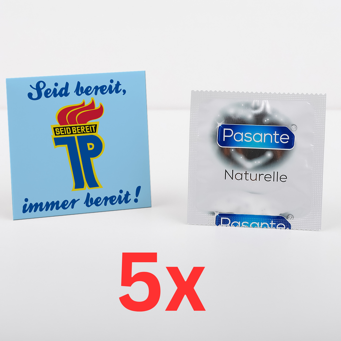 5x Kondom - mit Jungpionier-Motiv "JP - Seid bereit, immer bereit!" ein lustiges Geschenk und Mitbringsel