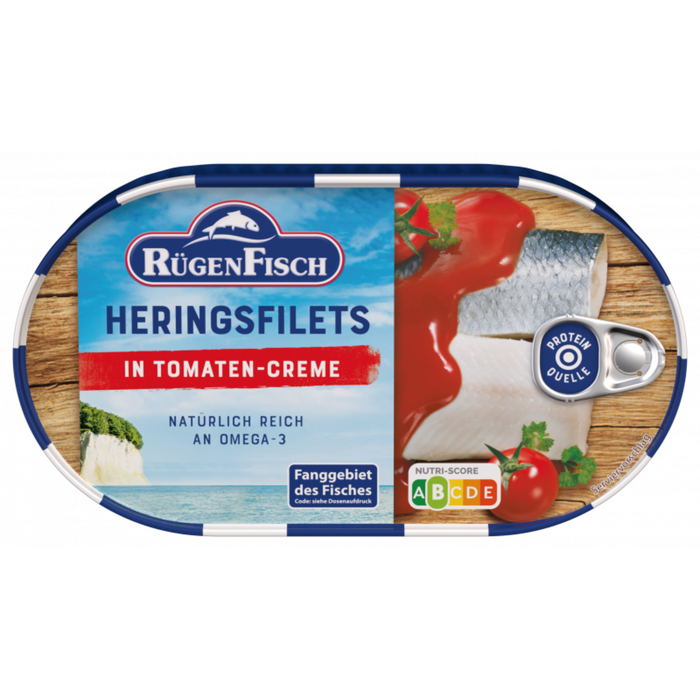 RügenFisch Heringsfilets in Tomaten-Creme 200 g – ohne Geschmacksverstärker - hohe Proteinquelle - Omega 3