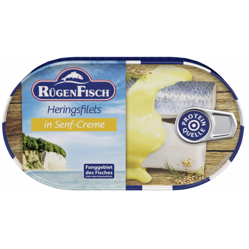 RügenFisch Heringsfilets in Senf-Creme 200 g – Herings- und Makrelenfilets- handverlesen & ohne Geschmacksverstärker & ohne Farbstoffe - hohe Proteinquelle