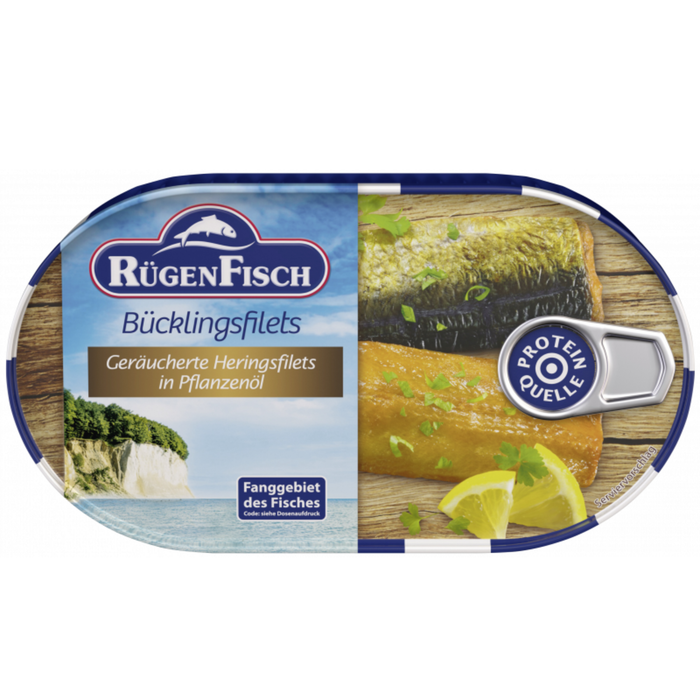 RügenFisch Geräucherte Heringsfilets in Pflanzenöl 200 g – Handverlesen, in Rapsöl eingelegt, Proteinquelle