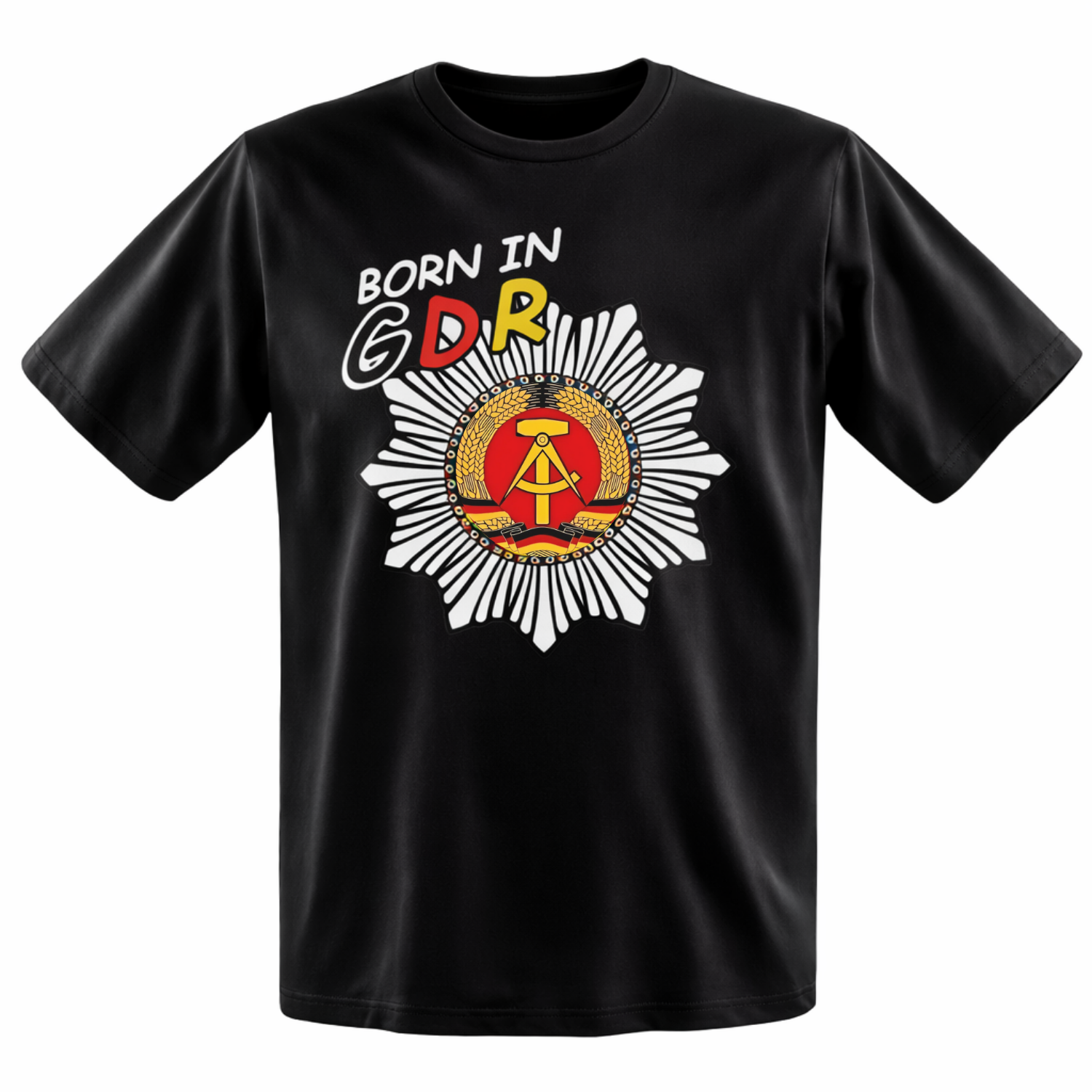 T-Shirt „Born in GDR“ – schwarzes Baumwollshirt mit farbigem Aufdruck - Unisex