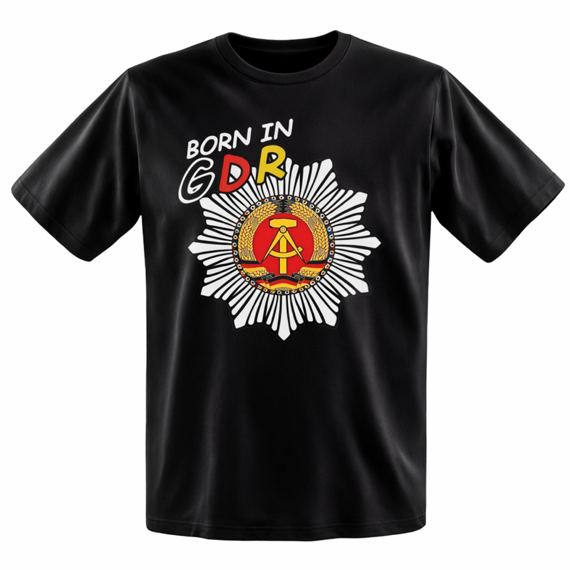 T-Shirt „Born in GDR“ – schwarzes Baumwollshirt mit farbigem Aufdruck - Unisex