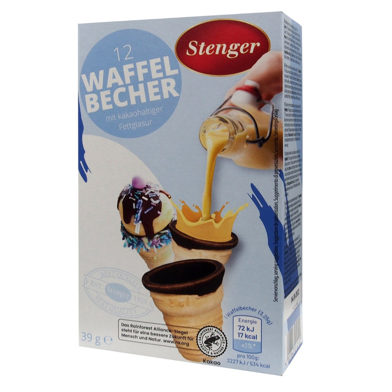 12 Stk. knusprige Waffellikörbecher mit Schokoladenüberzug innen - Stenger - für Eierlikör oder Desserts