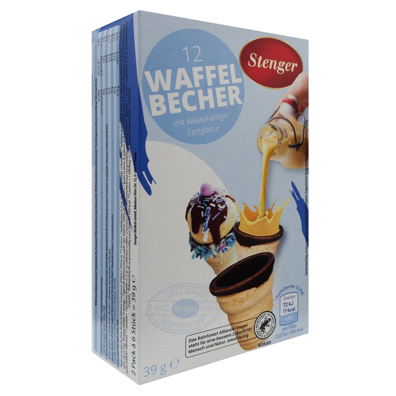 12 Stk. knusprige Waffellikörbecher mit Schokoladenüberzug innen - Stenger - für Eierlikör oder Desserts