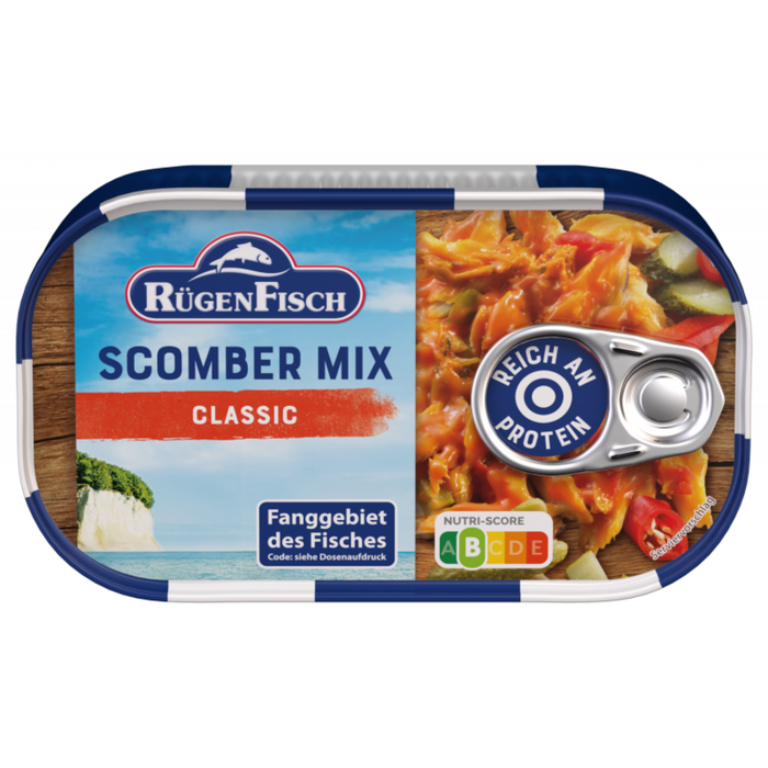 RügenFisch Scomber Mix Classic 120 g – Zerkleinerte Makrelenfilets mit Gemüse und fruchtigem Tomatenmark, proteinreich
