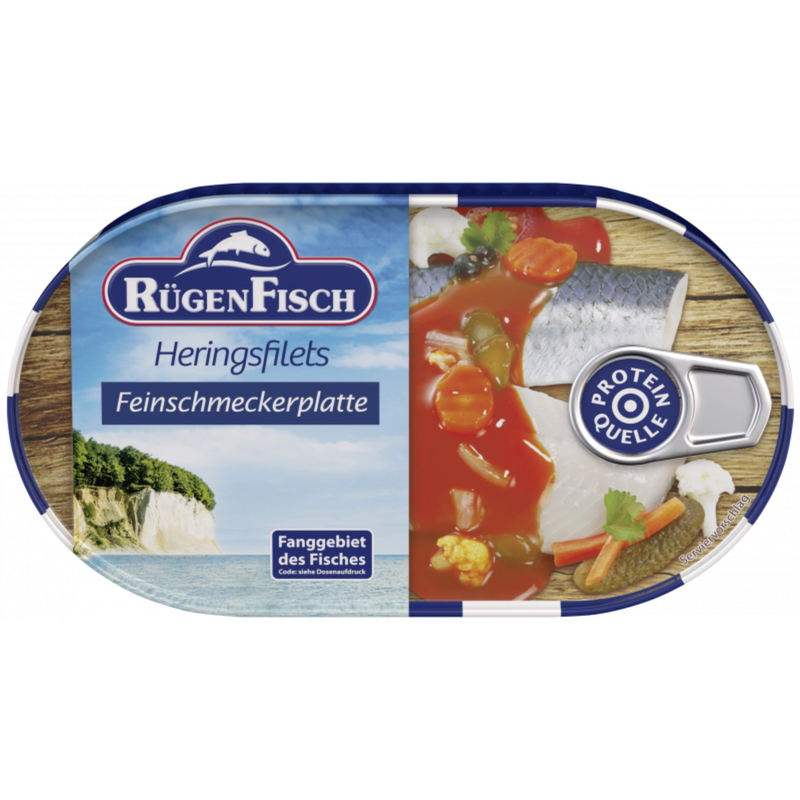 RügenFisch Heringsfilets Feinschmeckerplatte 200 g – Zarte Filets mit feinem Gemüse in delikater Sauce, handverlesen, ohne Geschmacksverstärker