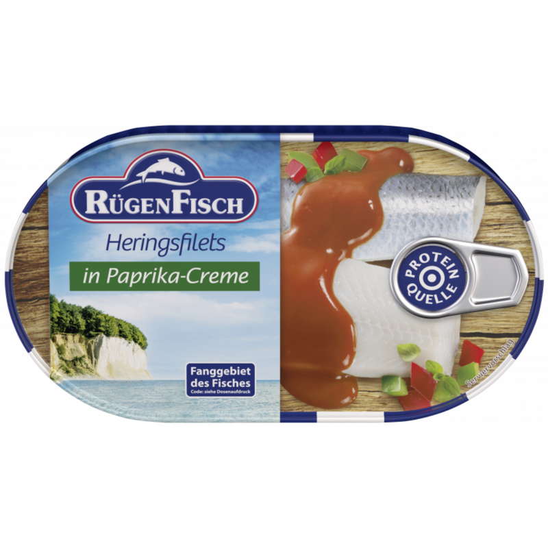 RügenFisch Heringsfilets in Paprika-Creme 200 g – Herings- und Makrelenfilets - handverlesen & ohne Geschmacksverstärker & ohne Farbstoffe - hohe Proteinquelle