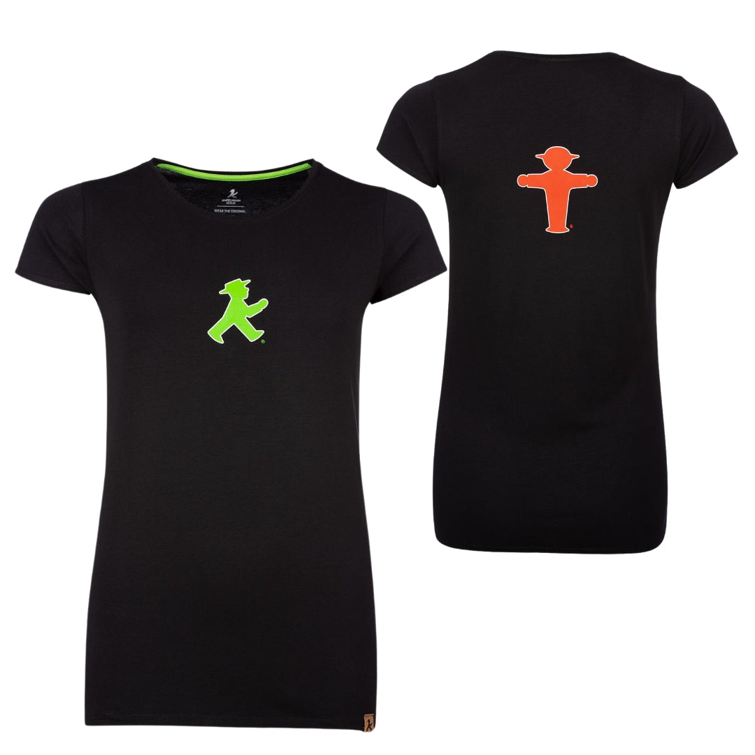 Schwarzes Bio-Baumwoll-T-Shirt mit grünem & roten Ampelmann tailliert - Größe: M