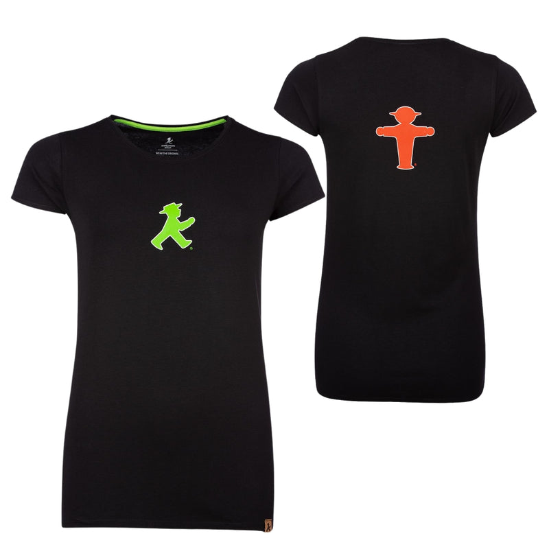 Schwarzes Bio-Baumwoll-T-Shirt mit grünem & roten Ampelmann tailliert - Größe: M