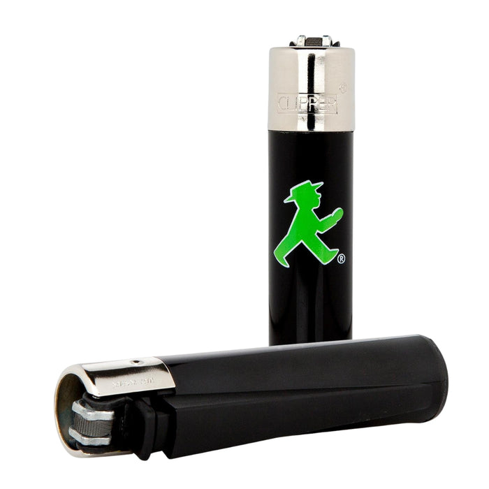 AMPELMANN Clipper Feuerzeug – nachfüllbar, schwarz mit grünem Geher-Motiv, ca. 8 cm Höhe
