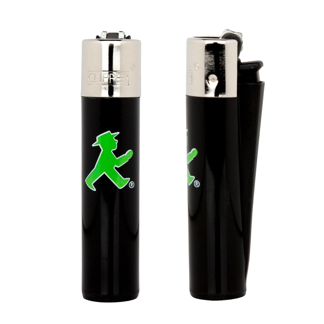 AMPELMANN Clipper Feuerzeug – nachfüllbar, schwarz mit grünem Geher-Motiv, ca. 8 cm Höhe