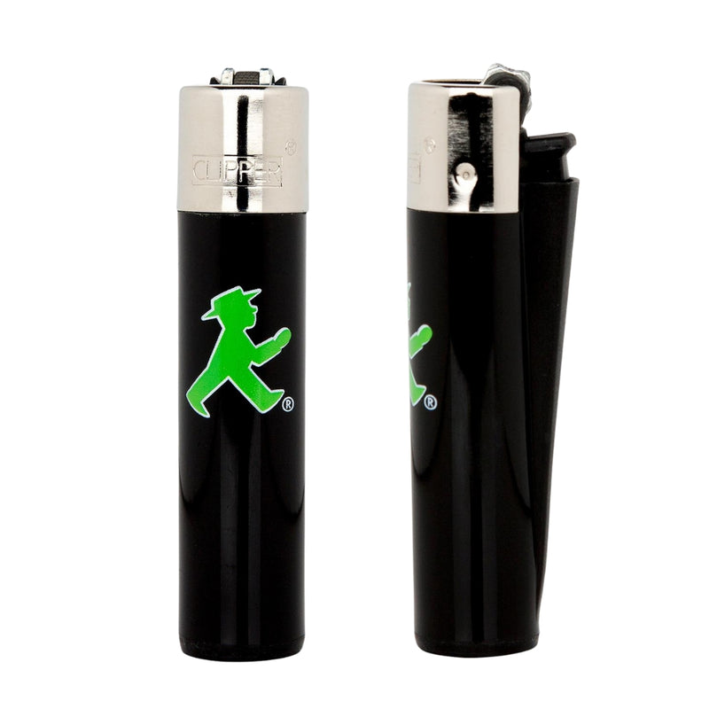 AMPELMANN Clipper Feuerzeug – nachfüllbar, schwarz mit grünem Geher-Motiv, ca. 8 cm Höhe