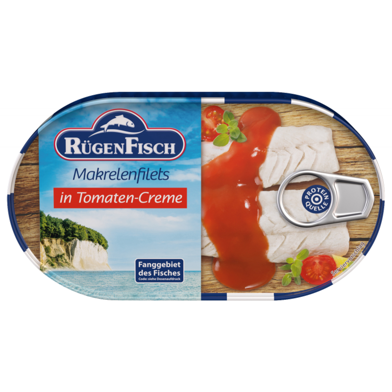 RügenFisch Makrelenfilets in Tomaten-Creme 200 g – Herings- und Makrelenfilets - handverlesen & ohne Geschmacksverstärker - hohe Proteinquelle